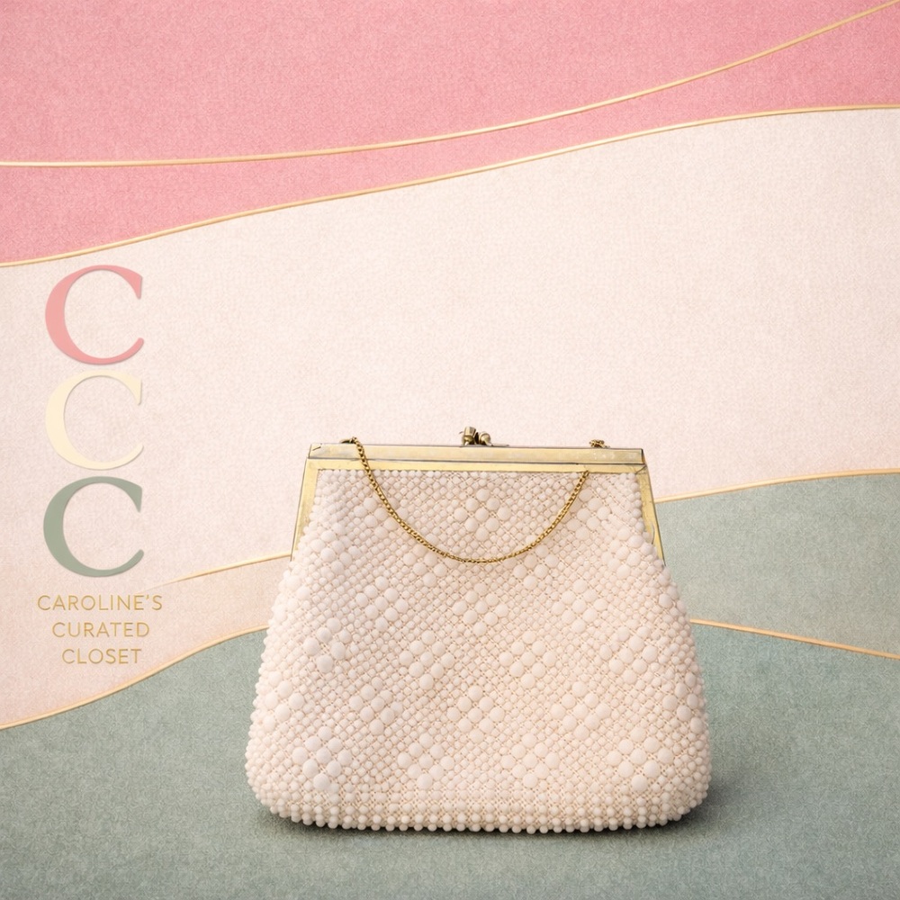 Vintage White Beaded Bridal Evening Bag Kiss Lock Clutch Timeless Classic